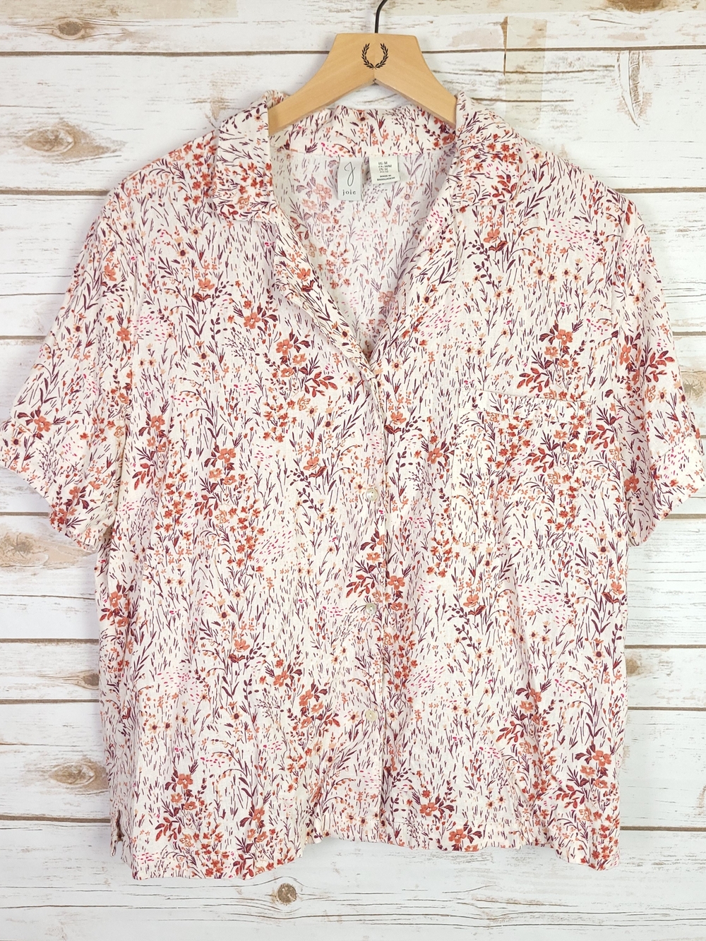 Joie Top Medium Pink Floral Linen Blend Button Front Short Sleeve Preppy